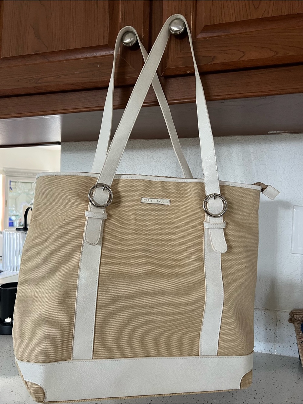 Caribbean Joe Beige and Cream Canvas Tote